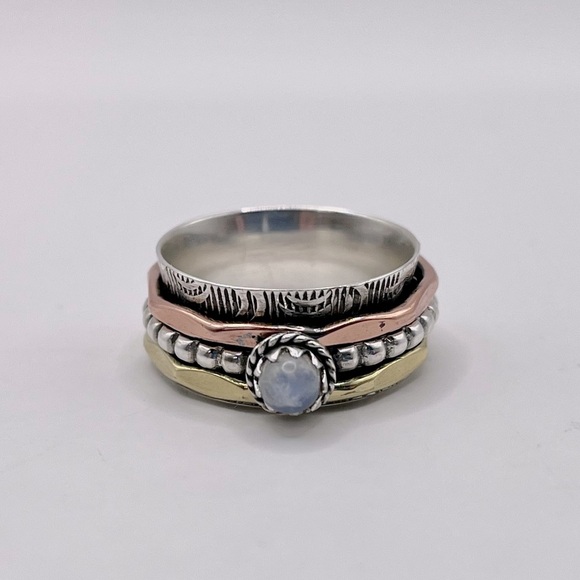 Natural Round Moonstone Three Tone Spinner Ring 925 Sterling Silver - Picture 1 of 2